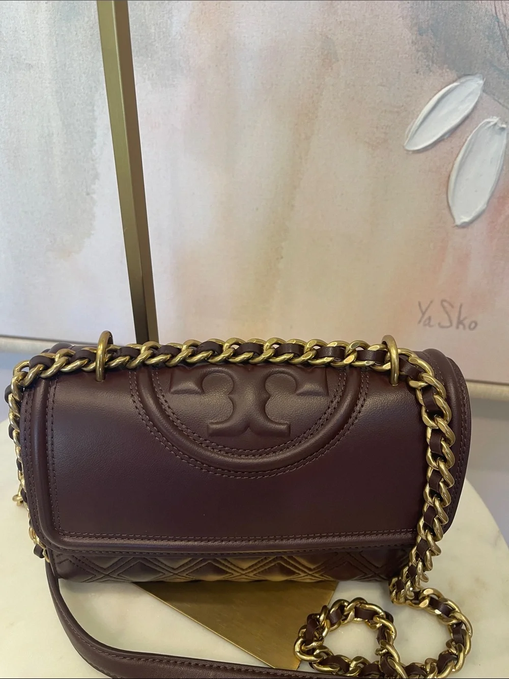 NWOT Tory Burch Quilted Fleming Shoulder Bag in Deep Wine Color with Gold Chain